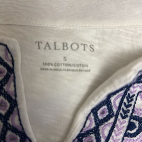 Talbots White Cotton Purple Embroidered Neckline 3/4 Sleeves sz Small Boho Chic - Picture 6 of 9